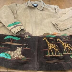 Womens The Quacker Factory Safari Jacket SZ 3XL Tan Leather Full Zip Embroidered